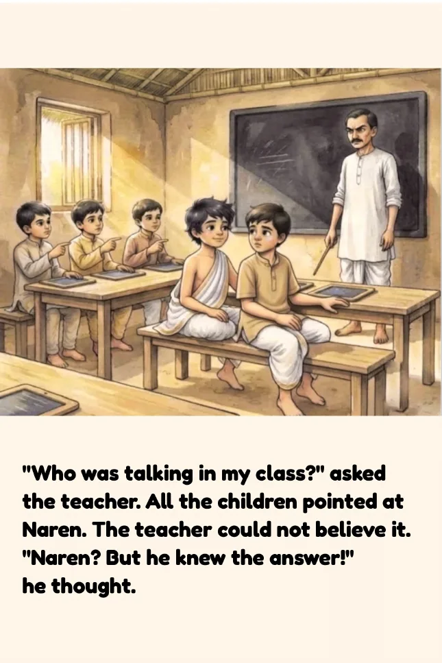 The teacher asks who was talking and the children point at Naren