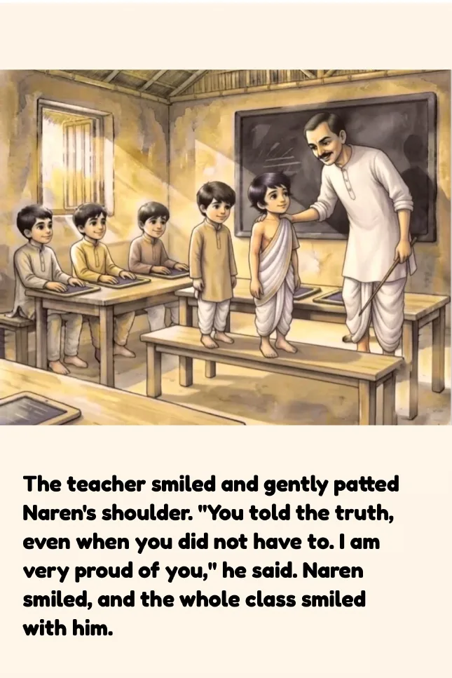 The teacher smiles and pats Naren on the shoulder