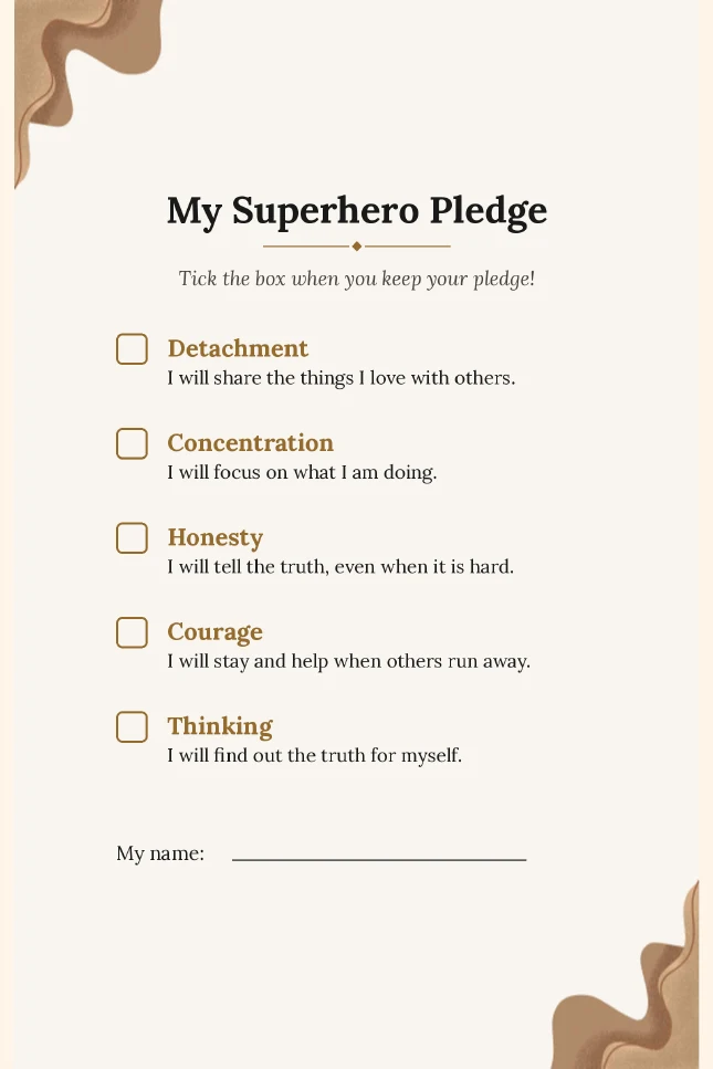 The My Superhero Pledge page, a checklist with a box to tick for each value
